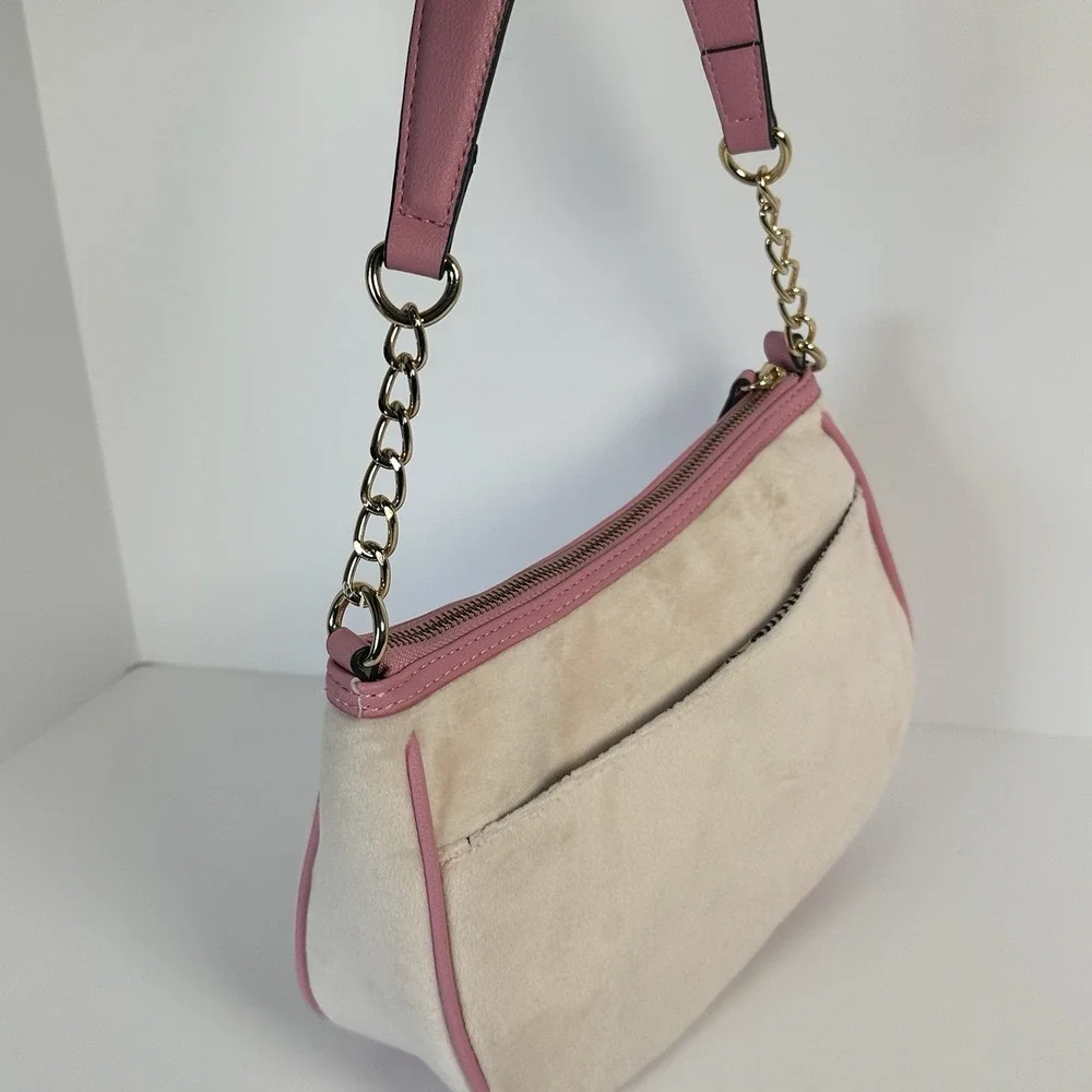Juicy Couture Velour Shoulder Bag Pink Cream Crown Embroidered Charm NWT Y2K